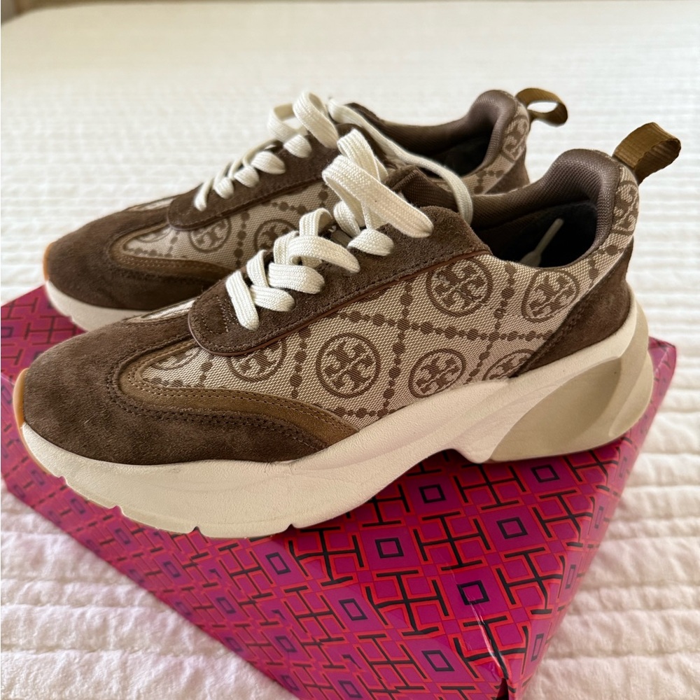 Tory Burch Brown and Cream Athletic Shoes with Chunky Sole.